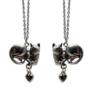 Twin Cat Heart Pendant Necklaces Silver Tone Cat Lover Sisters Friends Gift